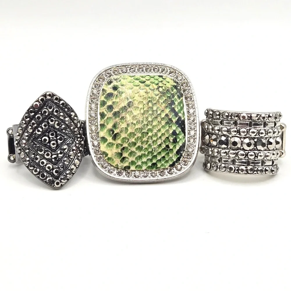 Paparazzi Stretch Rings Set‎ 3 Silver Gunmetal Green Snakeskin Rhinestone